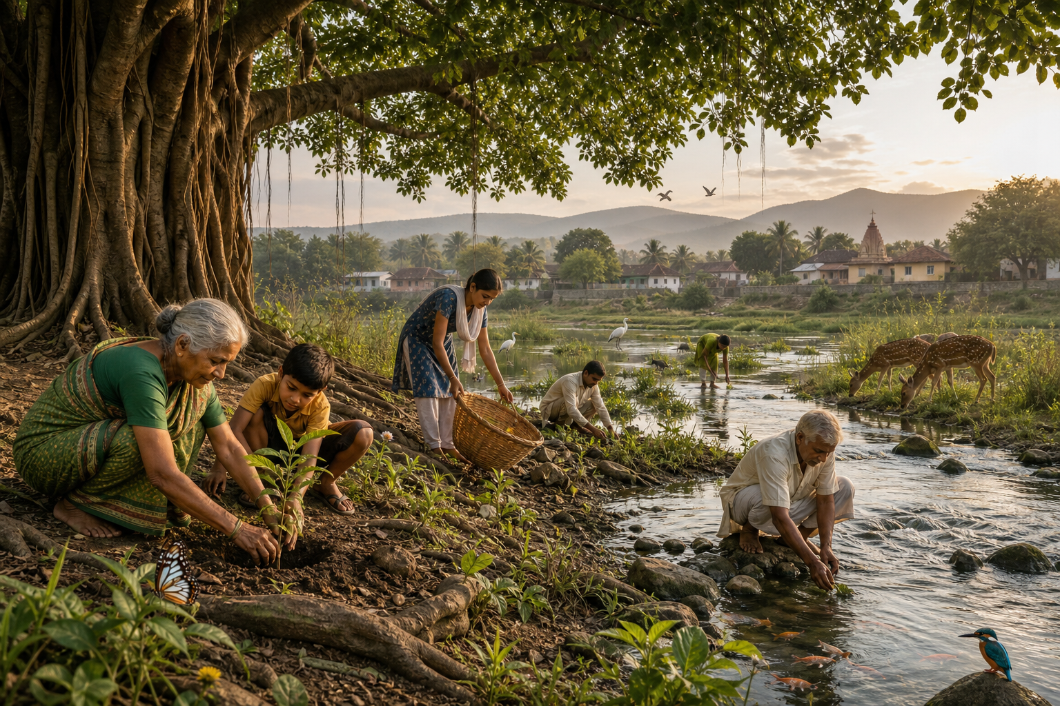 Community members plant a native tree, collect litter, and restore a wetland beside a river under a large banyan tree while birds and deer inhabit the landscape.