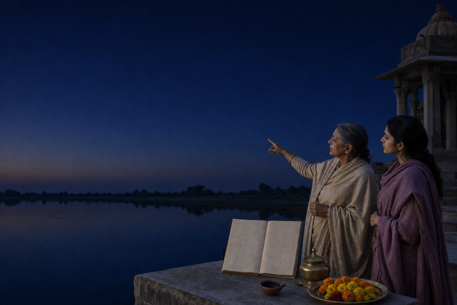 Two people consult an unlettered folded almanac and look toward a dark pre-dawn horizon beside an unlit clay lamp.