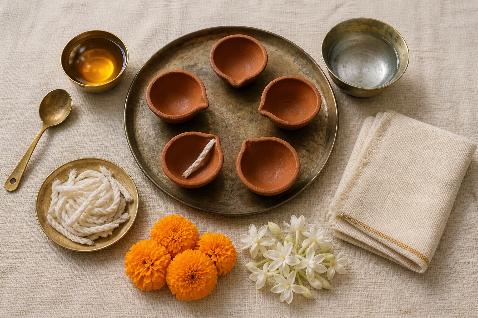 Clay lamps, cotton wicks, sesame oil, flowers, water and a metal tray are arranged on a woven cloth for an observance.