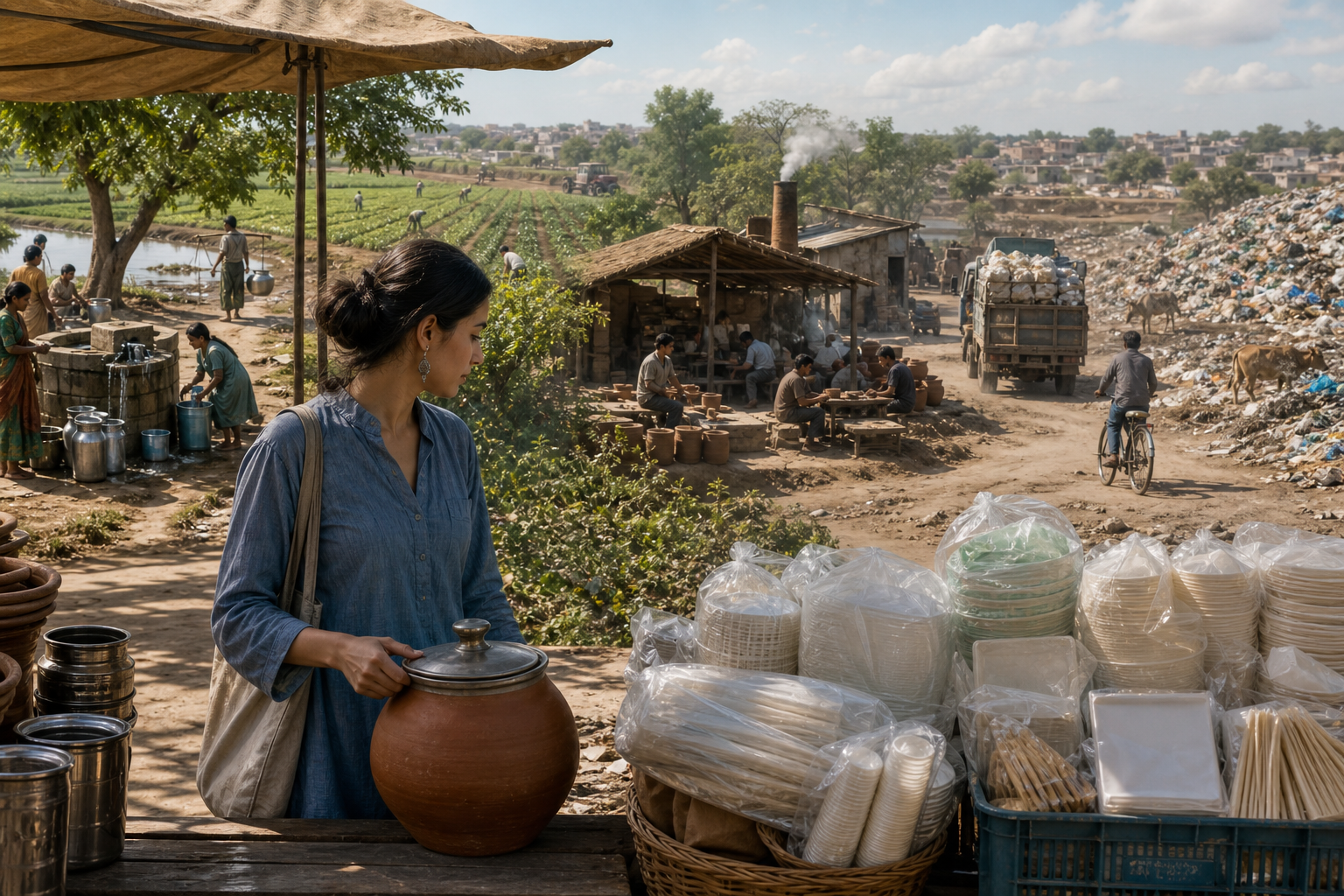 A shopper compares a durable household item with disposable packaged goods as farms, water use, transport, and discarded packaging appear across the background landscape.