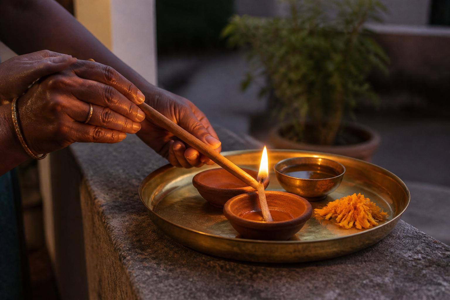 Hands light the cotton wick of a clay lamp resting securely in a shallow brass tray on a stone ledge.