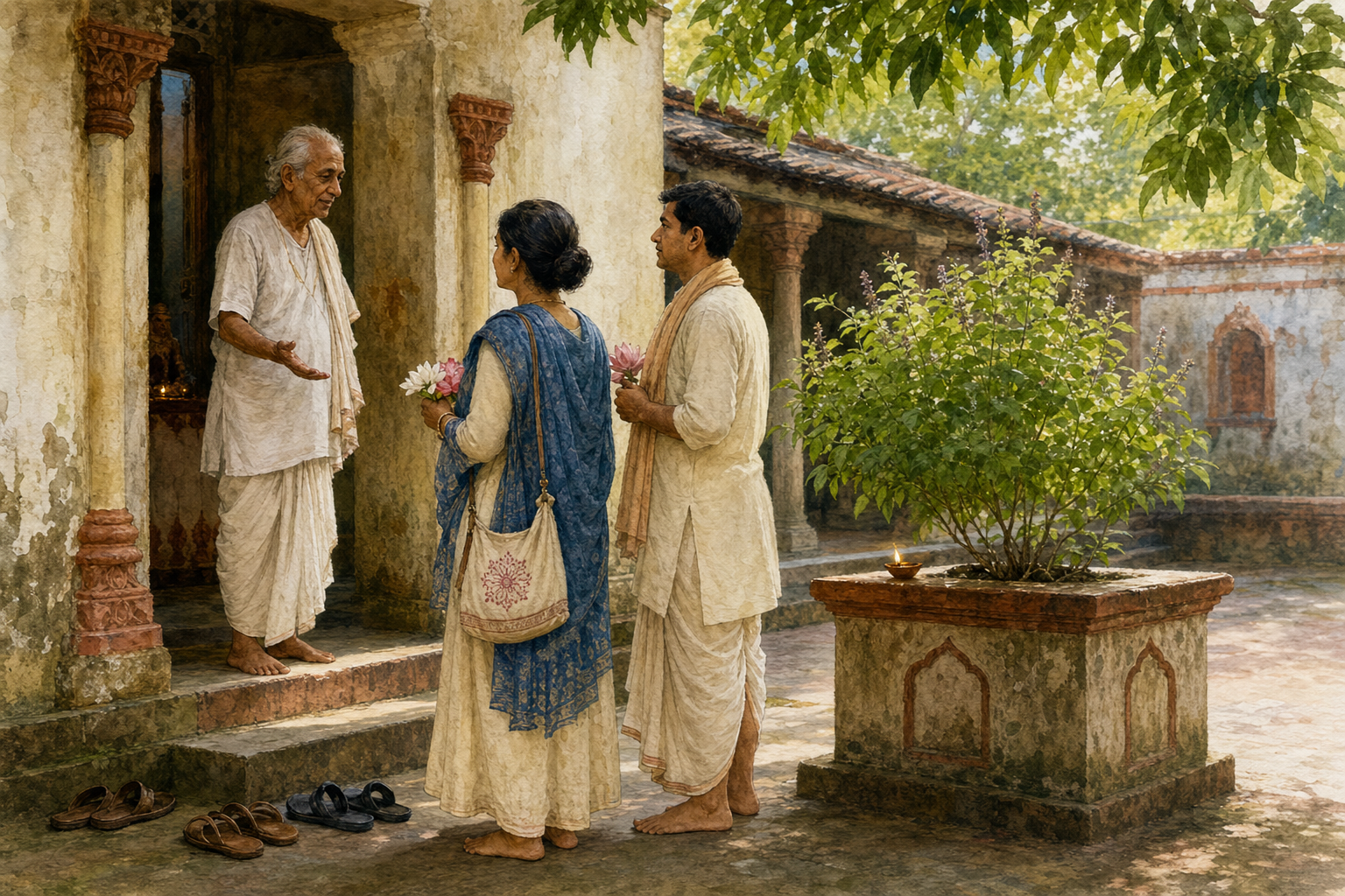 Two barefoot pilgrims listen to a local caretaker at the entrance to a historic courtyard shrine in Bengal.