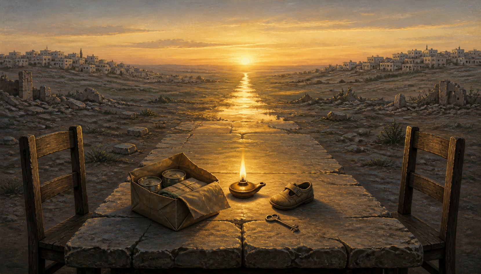 An oil lamp glows on a damaged stone table between two empty chairs, with a child's shoe, an aid parcel, and a house key beside a path leading toward dawn.