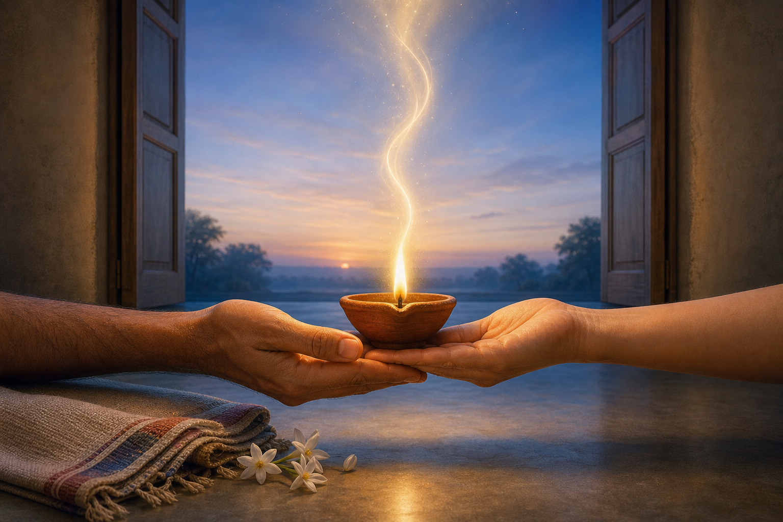 Two people gently support the same glowing clay lamp beside jasmine flowers and an open doorway at dawn.