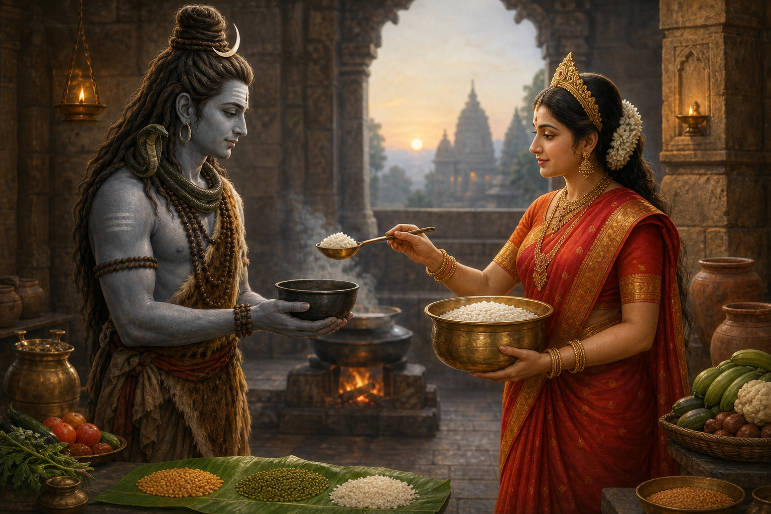 Goddess Annapoorna offers rice from a brass vessel to Shiva, who receives it in an alms bowl inside a temple kitchen.