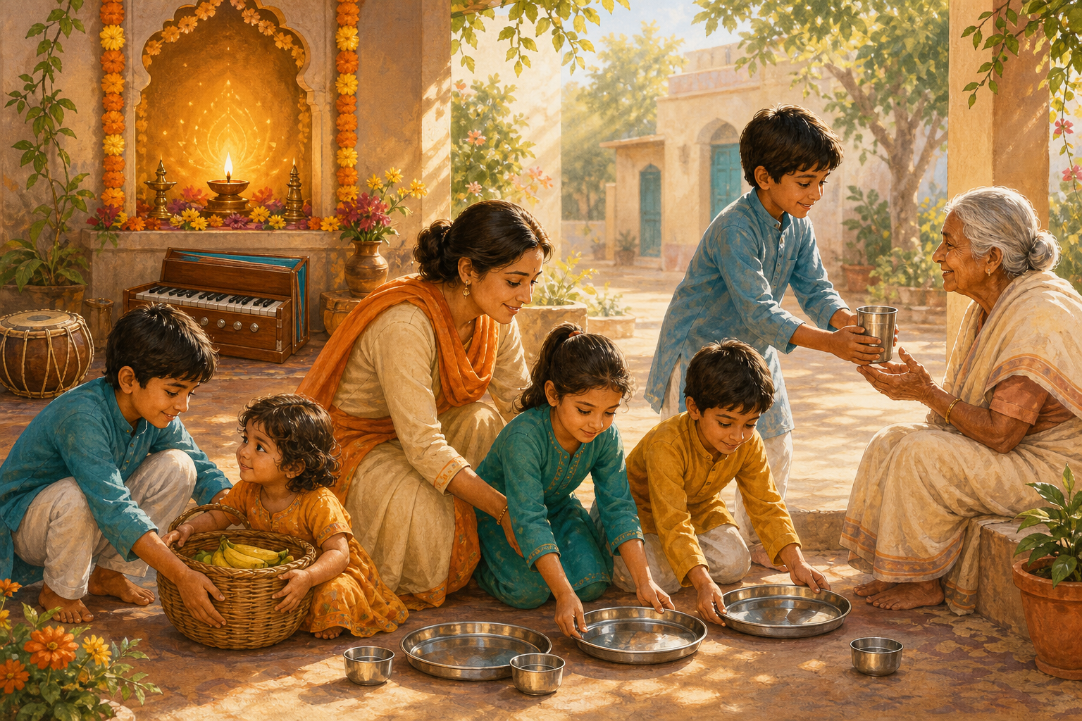 Children and an educator serve water and prepare plates together in a sunlit learning courtyard, with devotional flowers, a lamp, and musical instruments in the background.