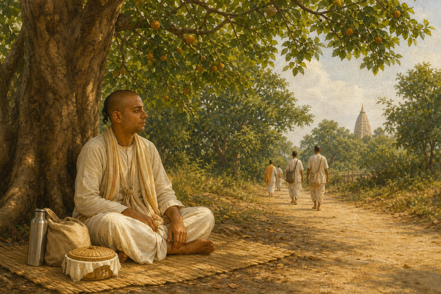 A pilgrim rests beneath a tree with a cloth bag and water flask while other pilgrims walk along a quiet path toward a distant temple.