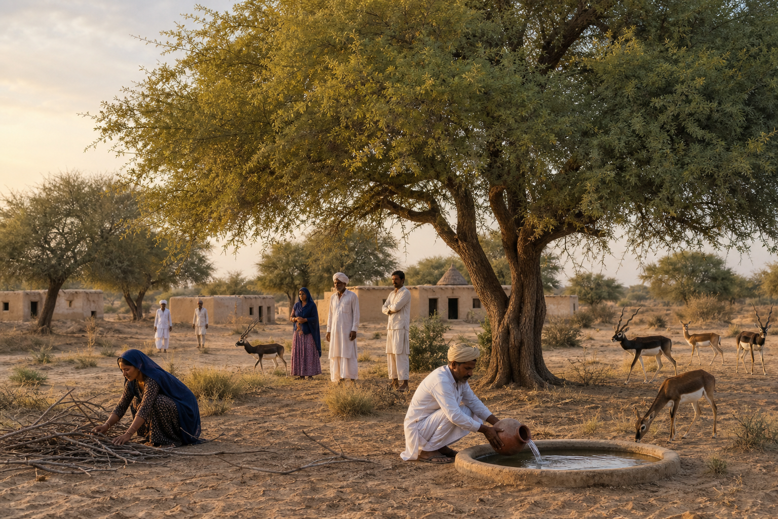 Bishnoi villagers protect mature khejri trees in a Rajasthan landscape while blackbuck roam nearby and a person fills an earthen water basin.
