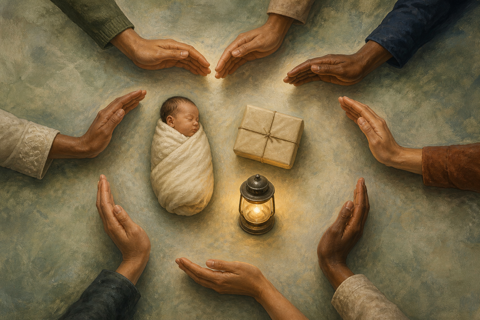Diverse hands form a protective circle around a sleeping infant, a plain food parcel, and a small lantern.