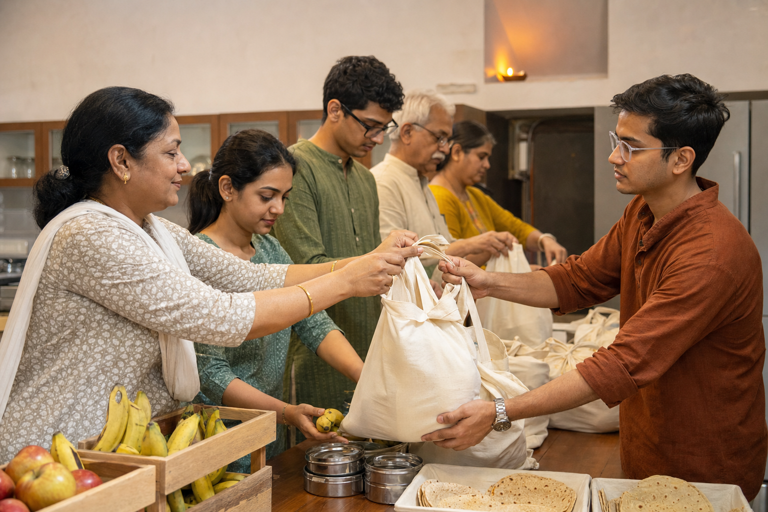 Volunteers pack fruit and prepared meals into reusable cloth bags while a protected clay lamp glows on a recessed shelf.