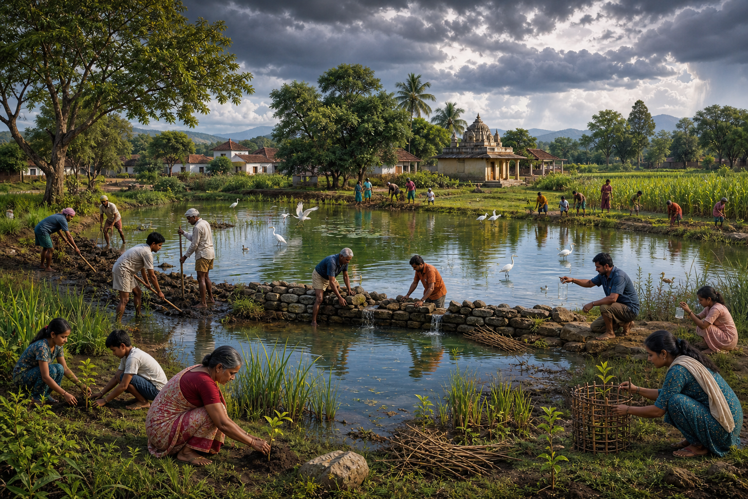Residents work together to restore a village pond by planting native vegetation, clearing an inlet, repairing a check dam, and protecting young saplings.