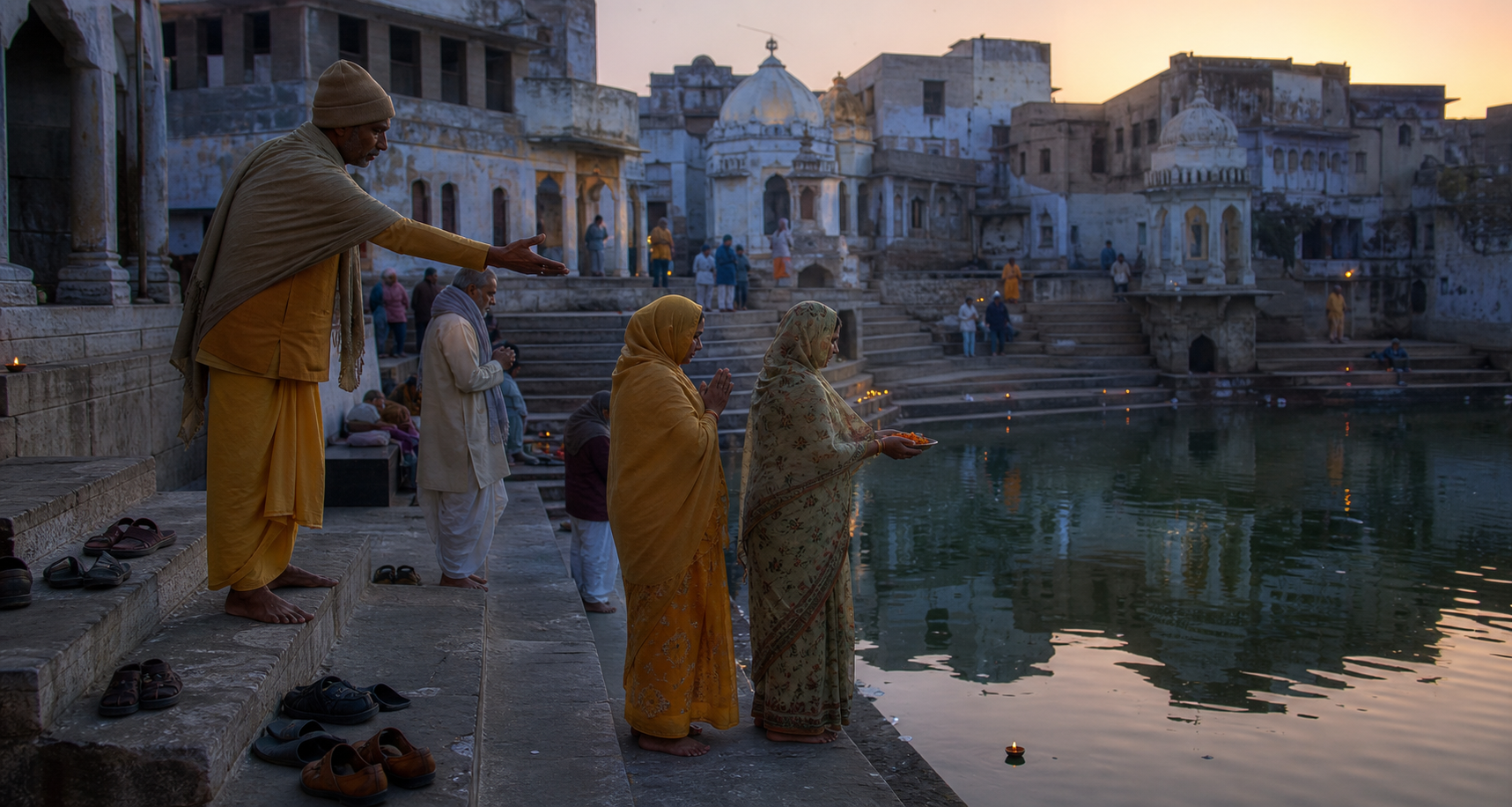 Pilgrims observe quietly from the stone ghats at Radha Kund as a temple attendant guides them and morning lamps reflect on the water.