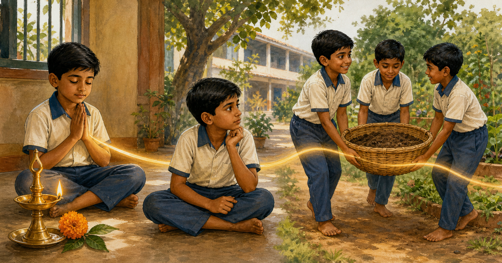 A three-part illustration shows a child praying, pausing to notice classmates with a heavy basket, and then helping them carry it.
