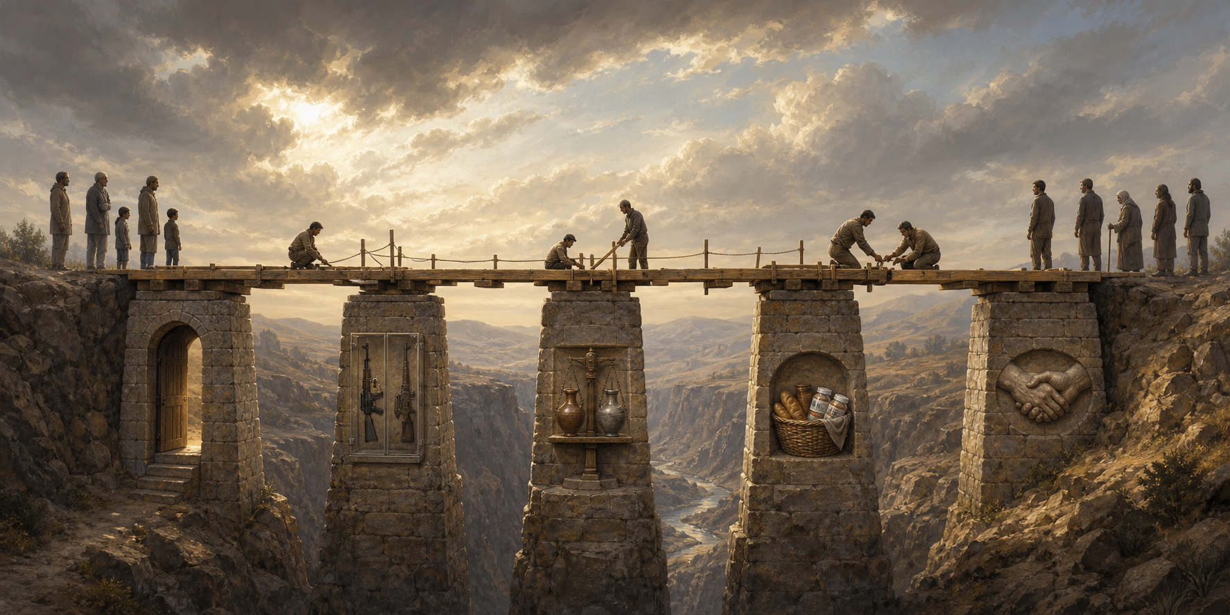 A bridge across a scarred divide rests on five symbolic stone supports while civilians wait at both ends and workers secure the final joint.
