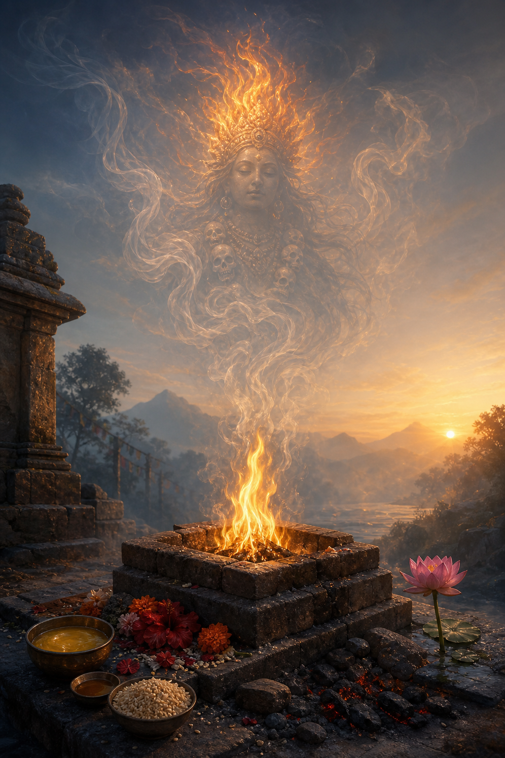 Offerings surround a small ritual fire whose rising smoke forms a distant vision of Chamunda with a matching crown of flames.