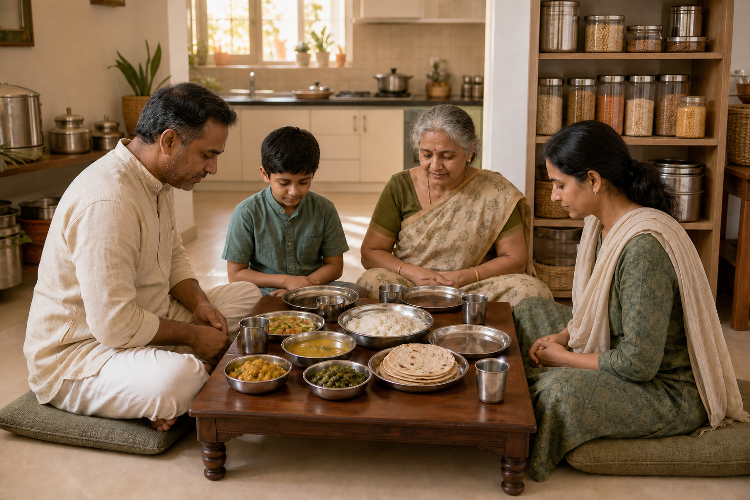A multigenerational household pauses before sharing a modest meal of rice, dal, vegetables, and flatbread, with leftovers stored nearby.