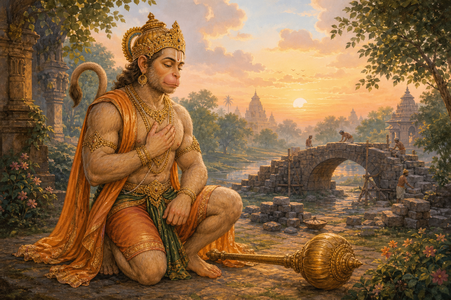 Hanuman kneels calmly with one hand over his heart and his mace resting on the ground beside gathered stones and a small bridge.