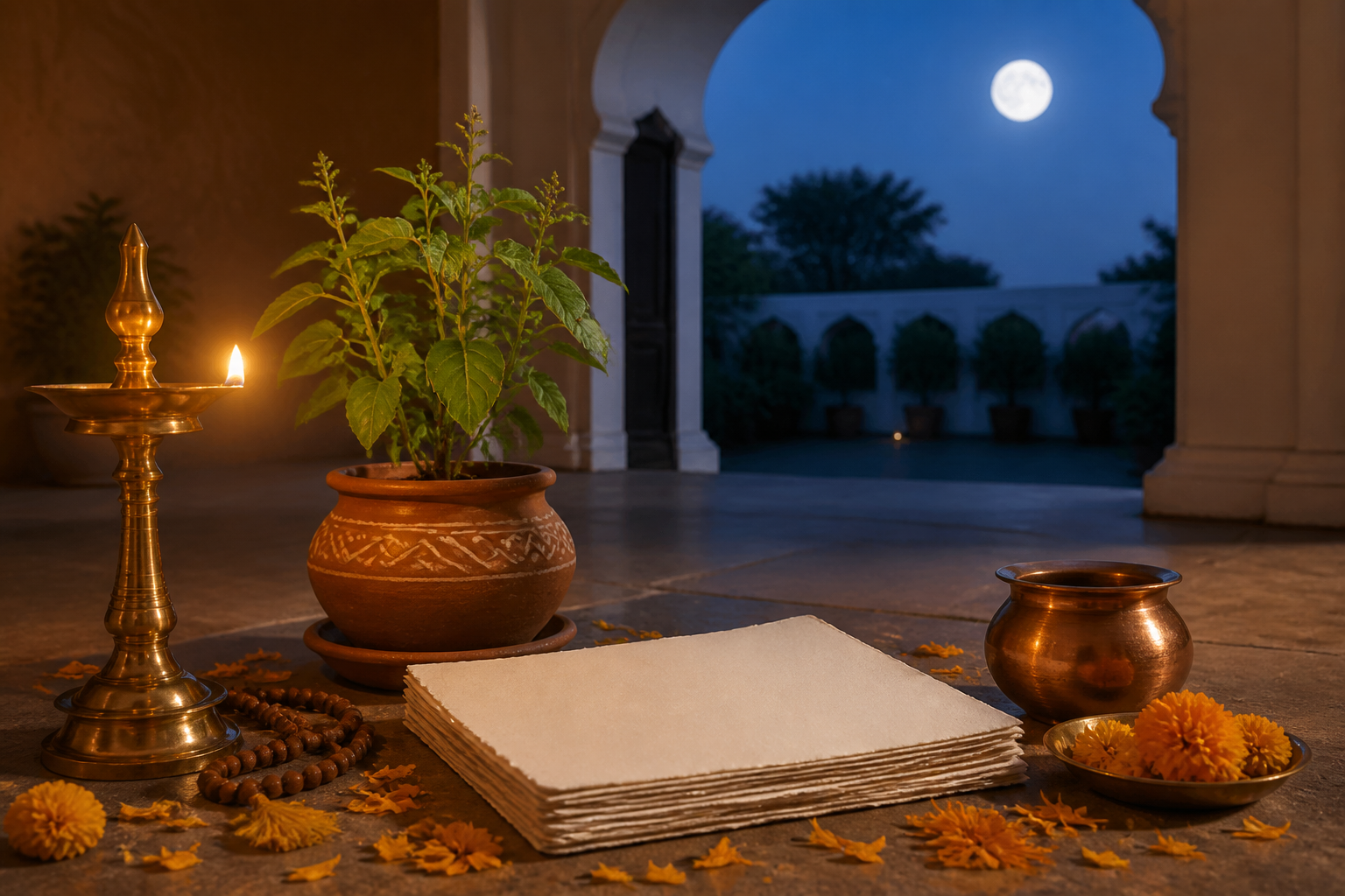 A brass oil lamp glows beside a Tulsi plant, marigold petals, prayer beads and blank calendar leaves under a full moon.
