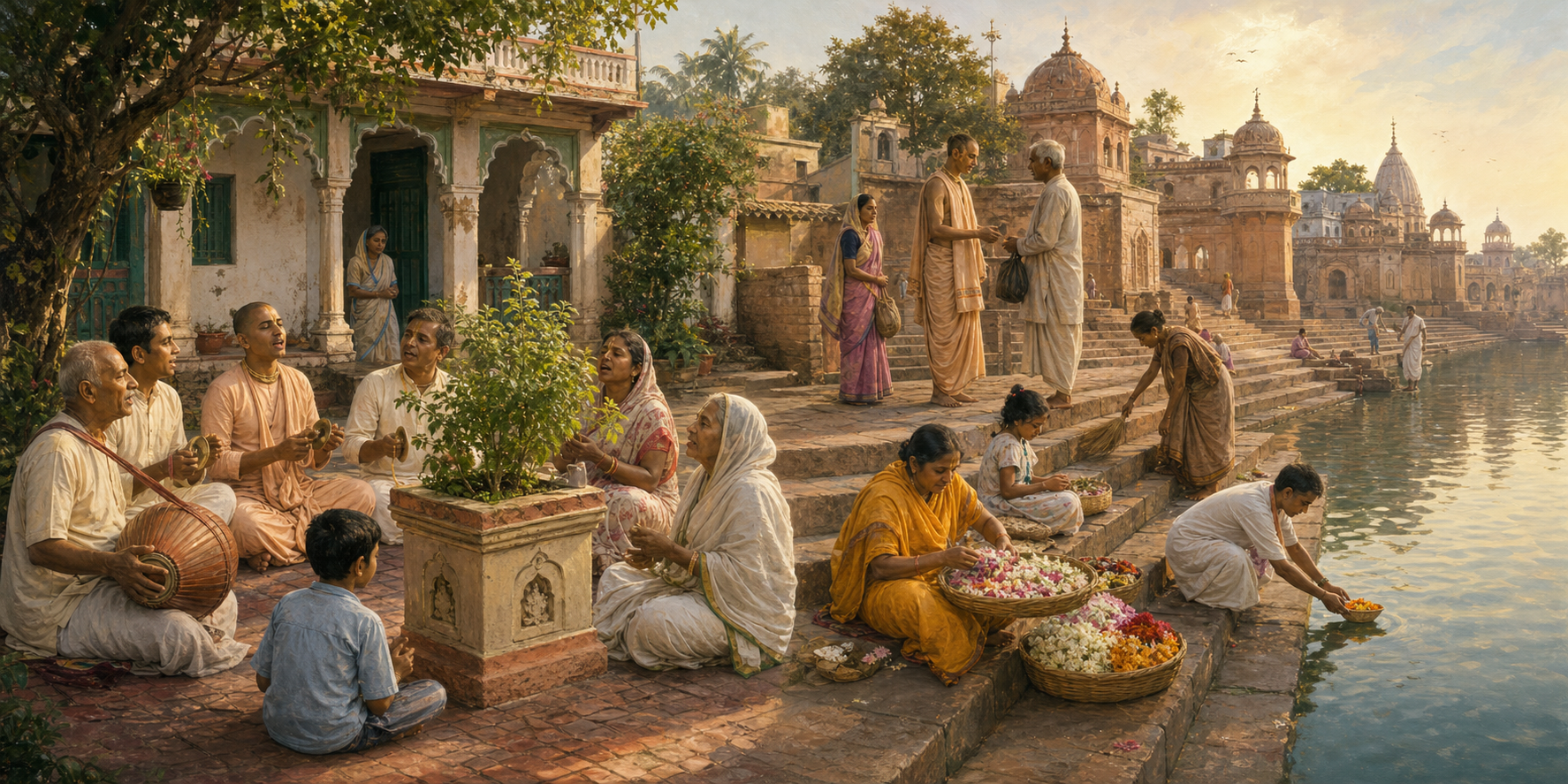 A Bengali courtyard kirtan and a Braj ghat community performing morning service appear side by side as distinct living devotional traditions.
