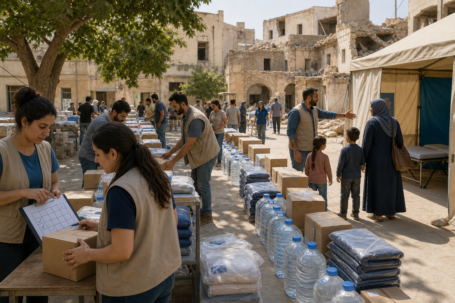 Aid workers and local volunteers organize water, food, blankets, and medical supplies for families in a damaged urban courtyard.