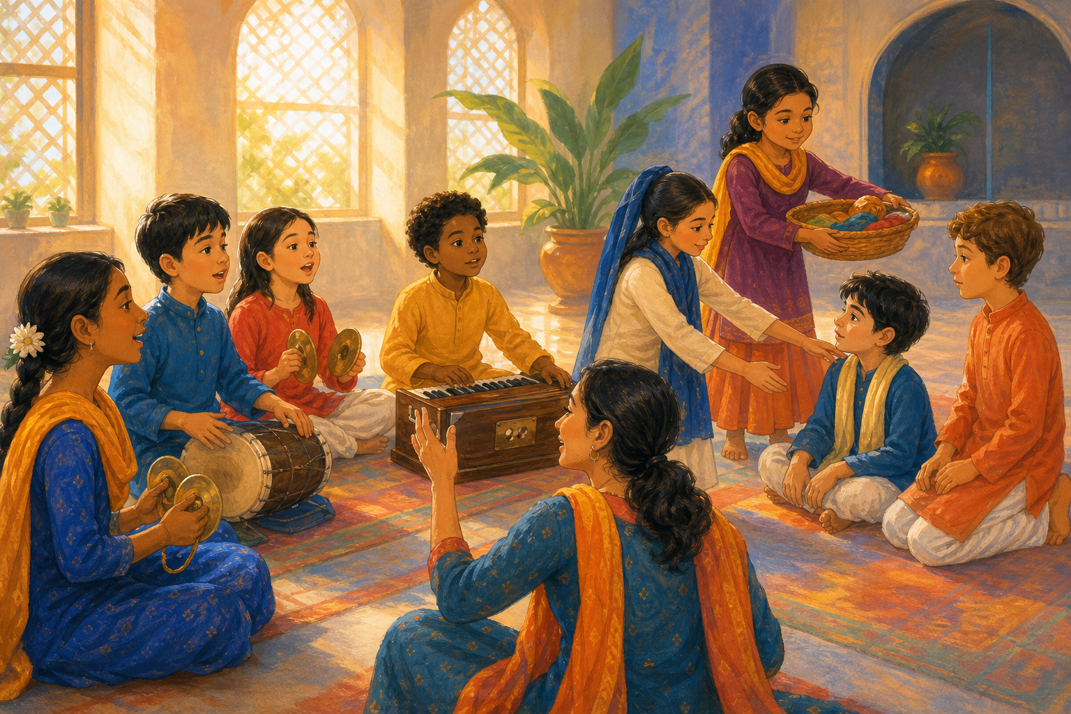Children sing, play hand cymbals, drum, and harmonium, and perform gestures of helping and sharing while an educator guides them.