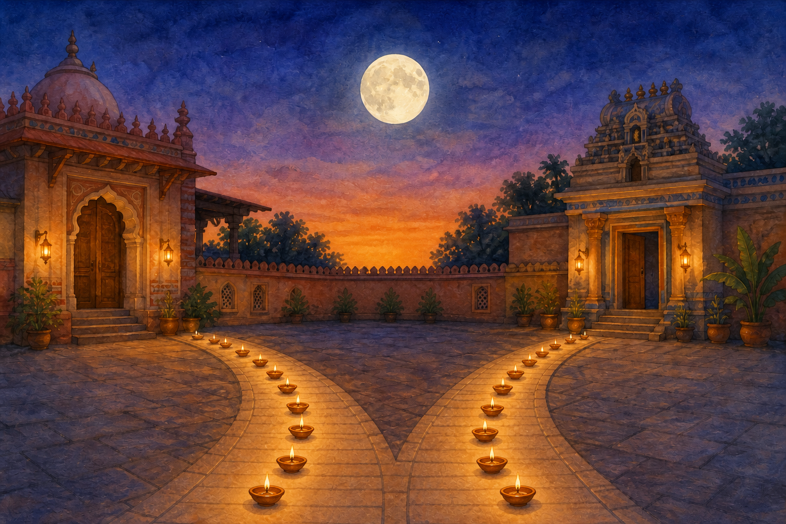 Two lamp-lined paths diverge beneath one moon and lead to different doorways in an Indian temple courtyard.