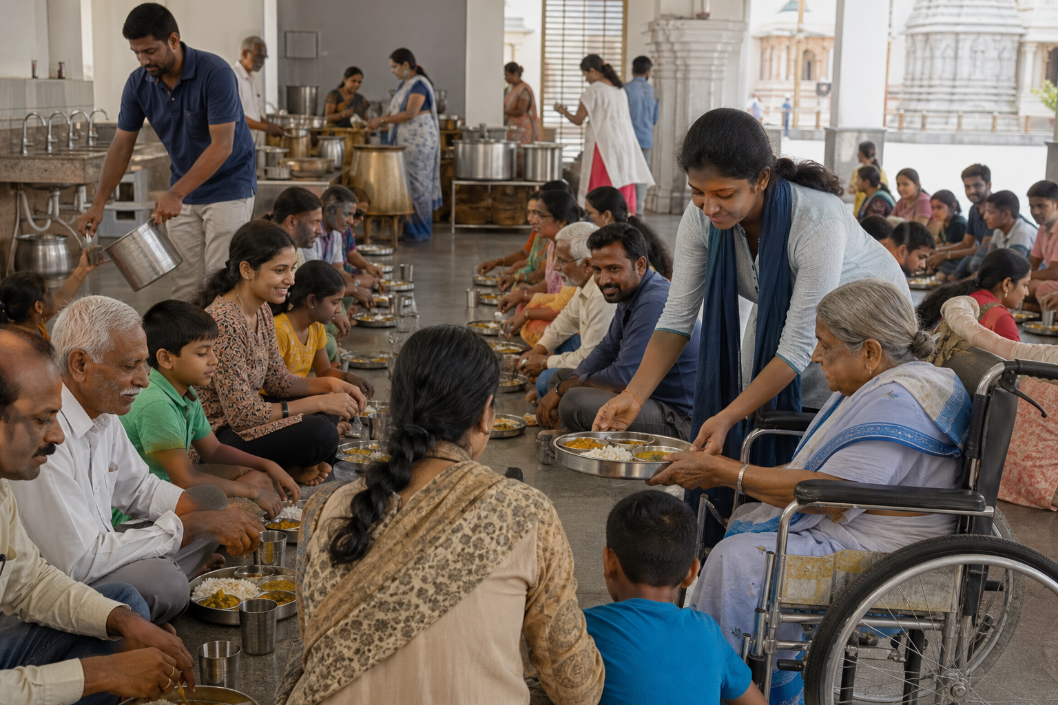 Volunteers and guests sit at the same level while a fresh meal is served on reusable plates in a clean community dining hall.
