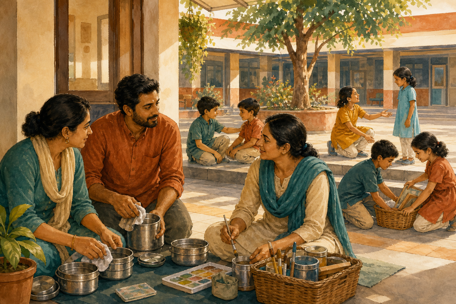 Educators and a parent organize meal containers and art supplies while children nearby include a classmate, accept guidance, and return shared materials.