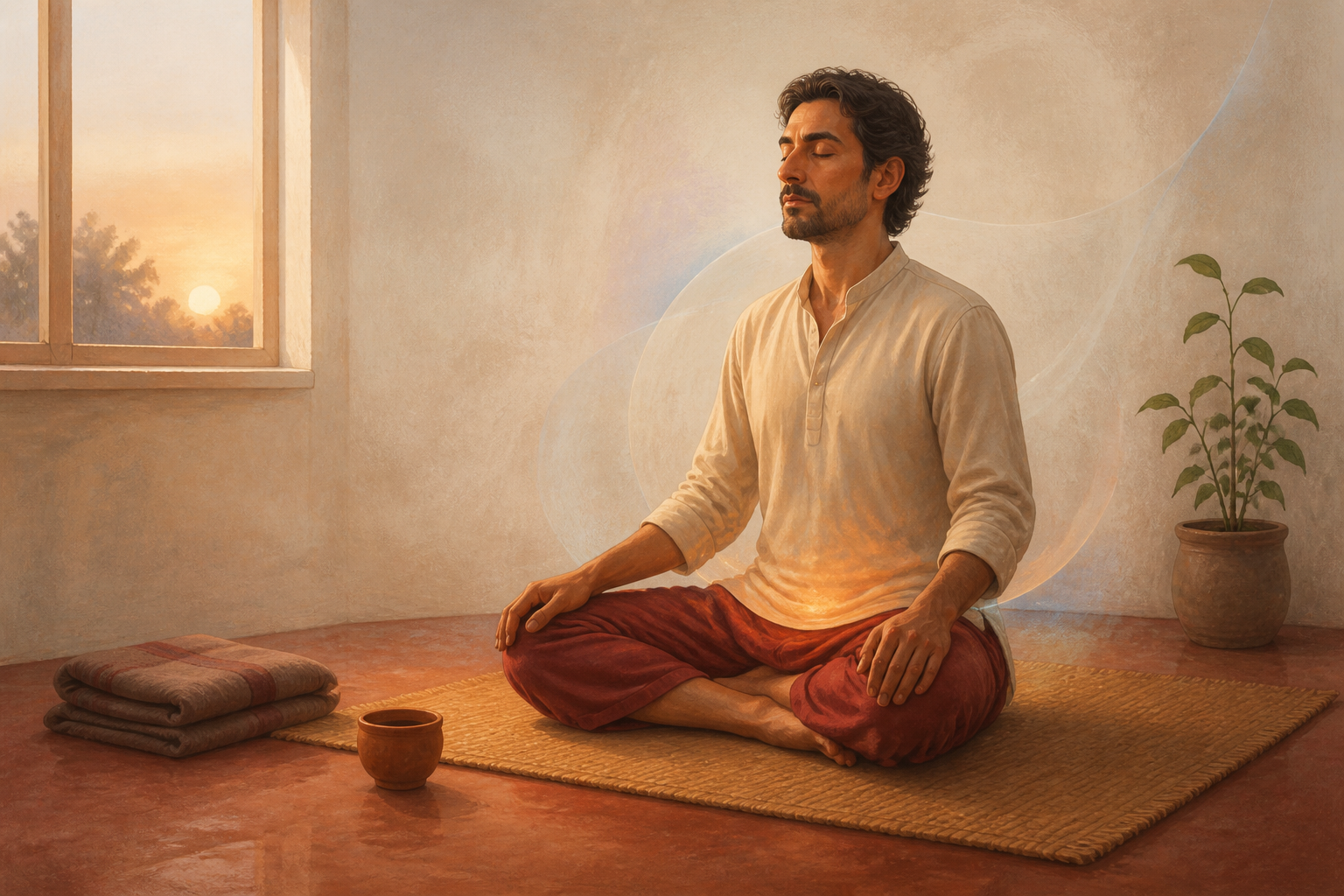 A person sits upright on a woven mat in a quiet room, surrounded by warm earthy colors and a subtle glow near the base of the torso.