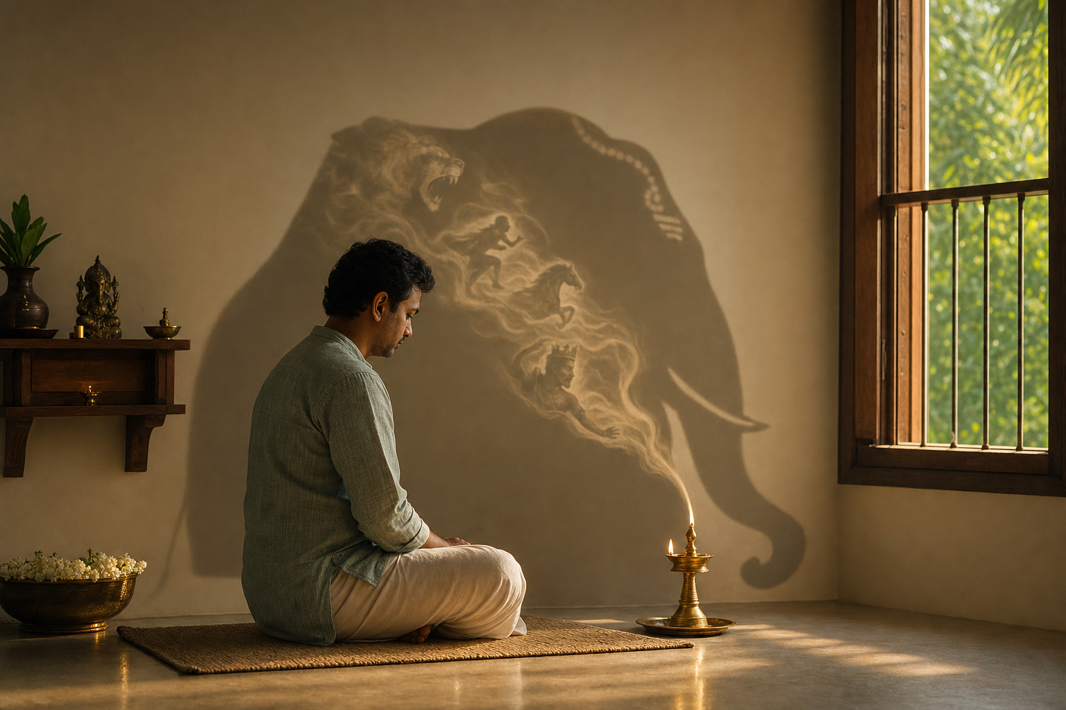 A seated devotee reflects beside an oil lamp while morning light forms a calm elephant-shaped shadow on the wall.