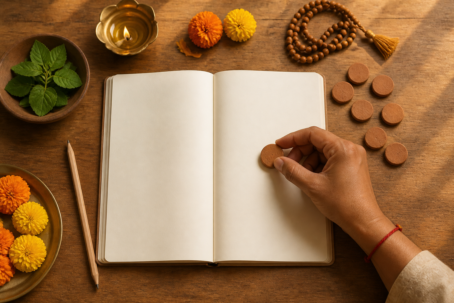 A hand places an unmarked clay token on a blank planner beside a diya, prayer beads, Tulsi leaves and marigolds.