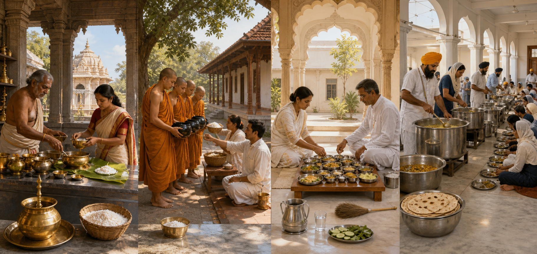 Four separate scenes show a Hindu temple kitchen, Buddhist alms giving, a simple Jain vegetarian meal, and a Sikh langar hall.