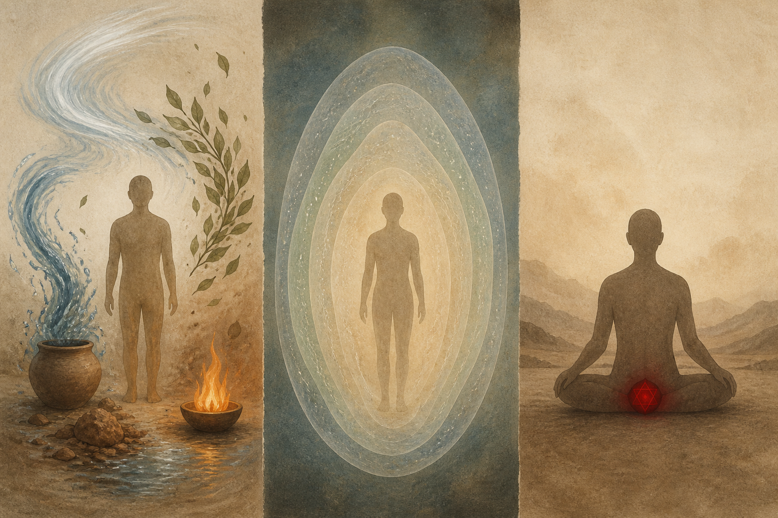A three-part illustration shows natural elements around a figure, translucent layers surrounding a figure, and a seated figure above a red glow near the pelvis.