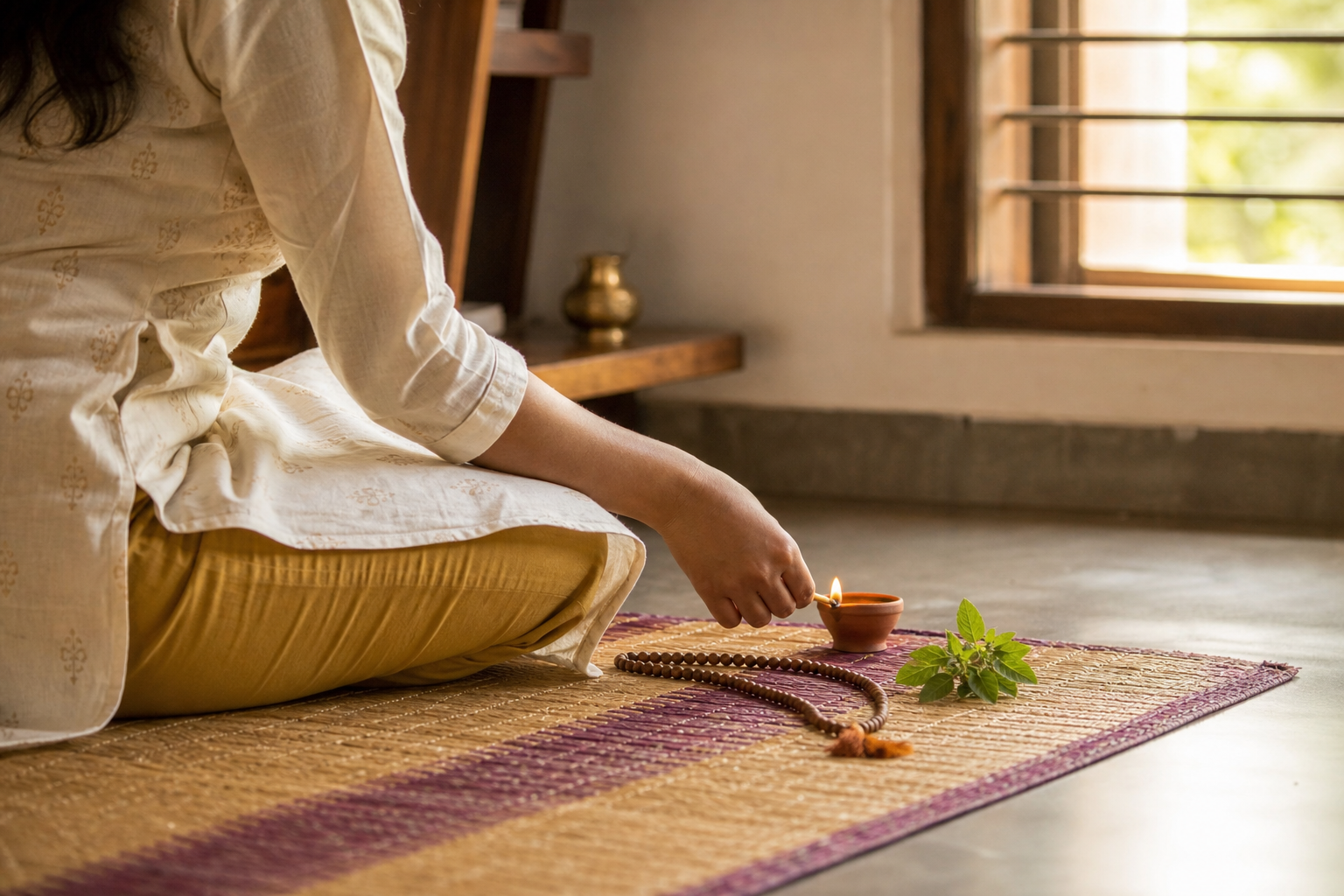 A seated worshipper lights a small clay lamp beside prayer beads and a Tulsi sprig in a modest home practice space.