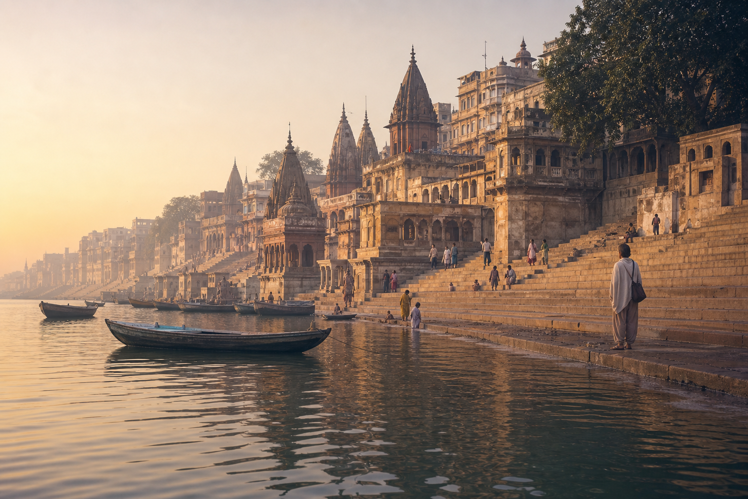 Temple spires, sandstone ghats, pilgrims, and wooden boats beside the Ganga in Varanasi at sunrise.