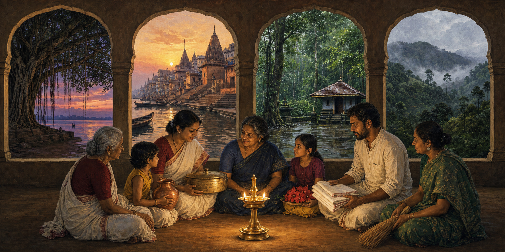 Caregivers gather around a brass oil lamp as separate archways reveal landscapes associated with Bengal, Kashi, Kerala, and Kodagu.