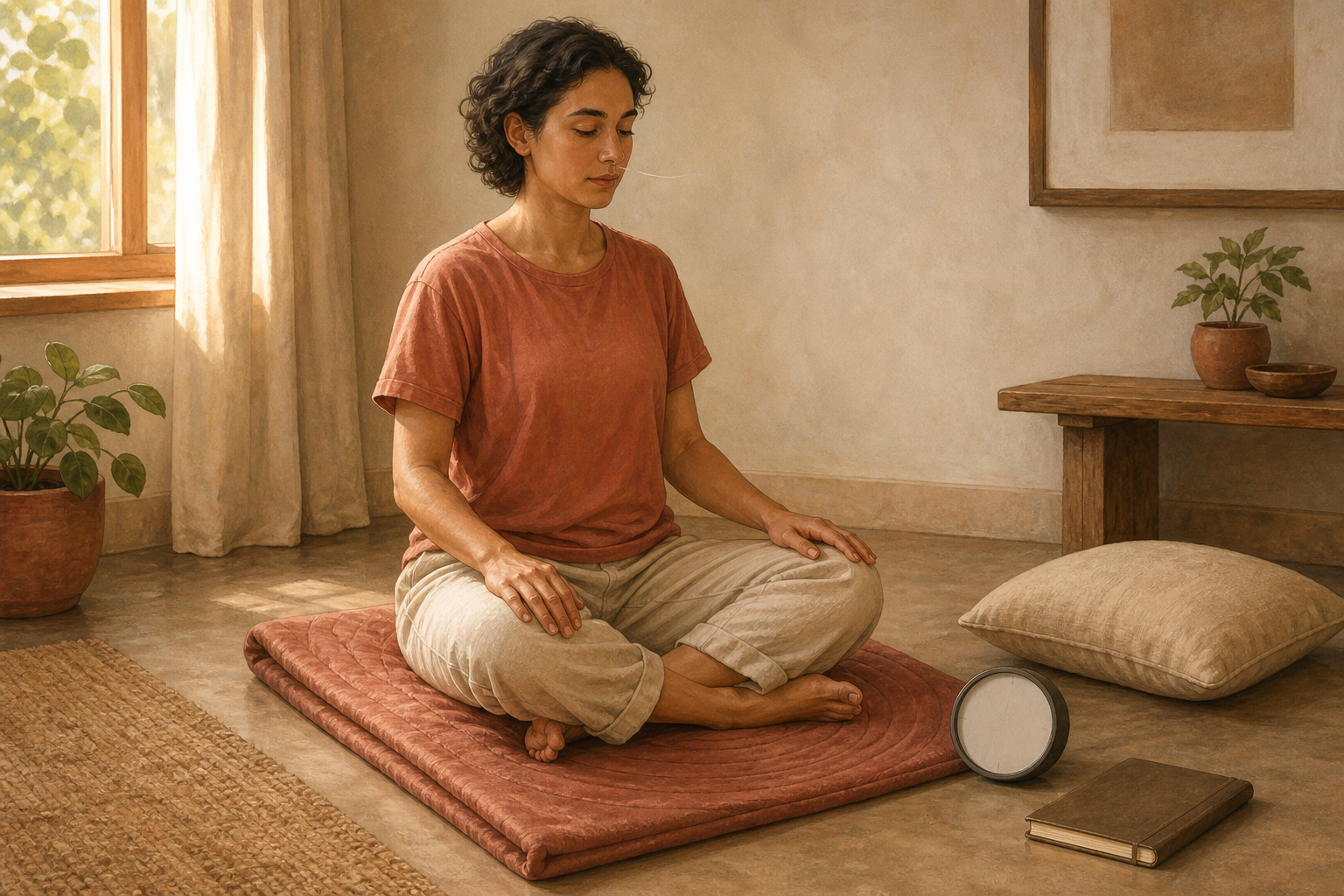 A seated person rests their hands on their thighs and notices contact with the floor while a small timer and closed notebook sit nearby.