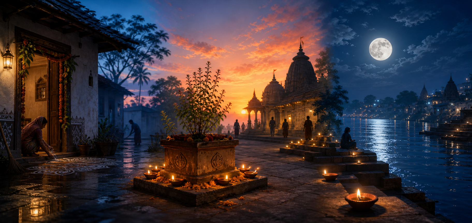 A wide scene moves from dawn preparations to evening lamps at a Tulsi courtyard and a moonlit riverbank.