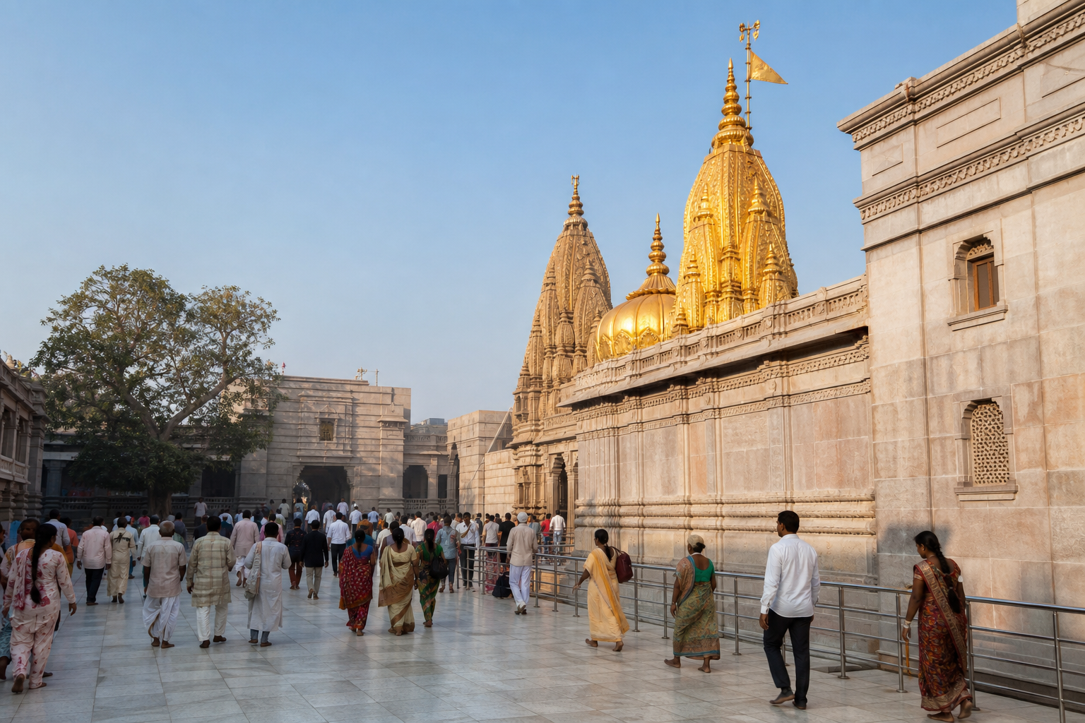 Worshippers walk through a narrow Varanasi lane toward the golden spires of Kashi Vishwanath temple.