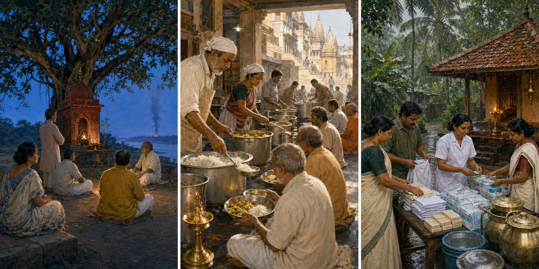 Three illustrated regional scenes show people offering calm companionship in Bengal, serving a communal meal in Kashi, and organizing household care near a Kerala shrine.