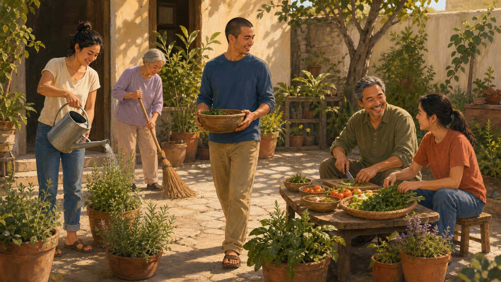 Several people water plants, sweep a courtyard, and prepare vegetables together in warm afternoon light.