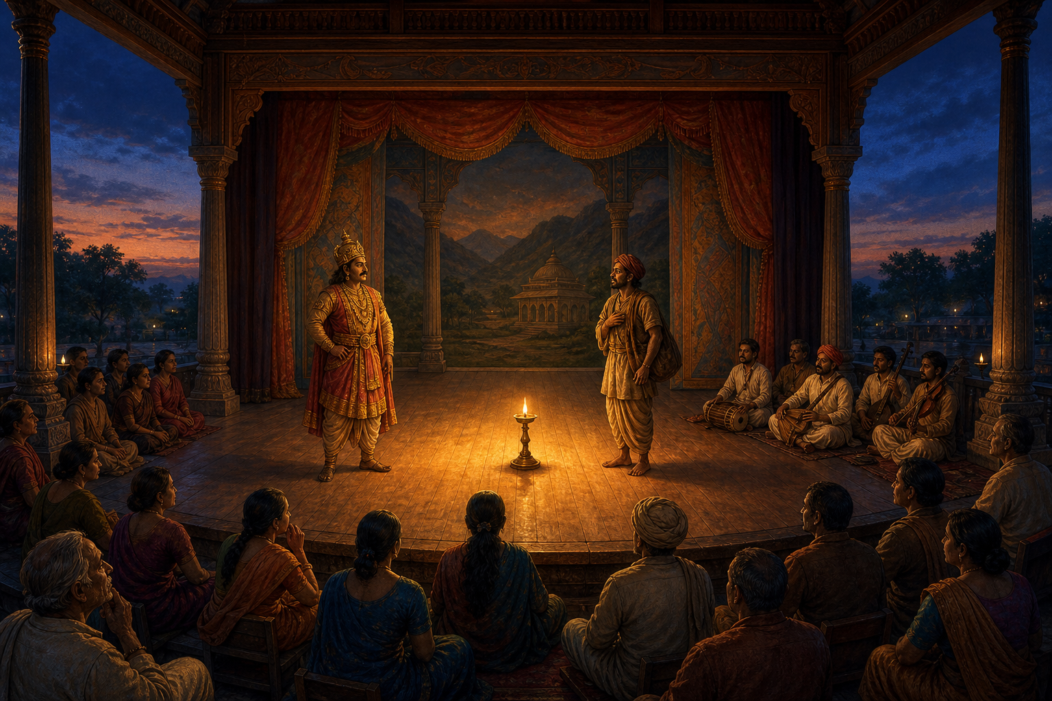 A steady brass oil lamp illuminates costumed performers, musicians, spectators, and an open area of a classical Indian theater at dusk.