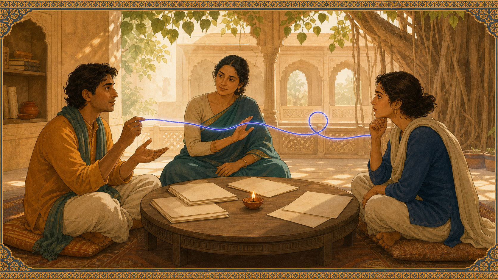 Three people sit around a low table while a glowing thread between two speakers forks into a loop and is guided back toward its original path.