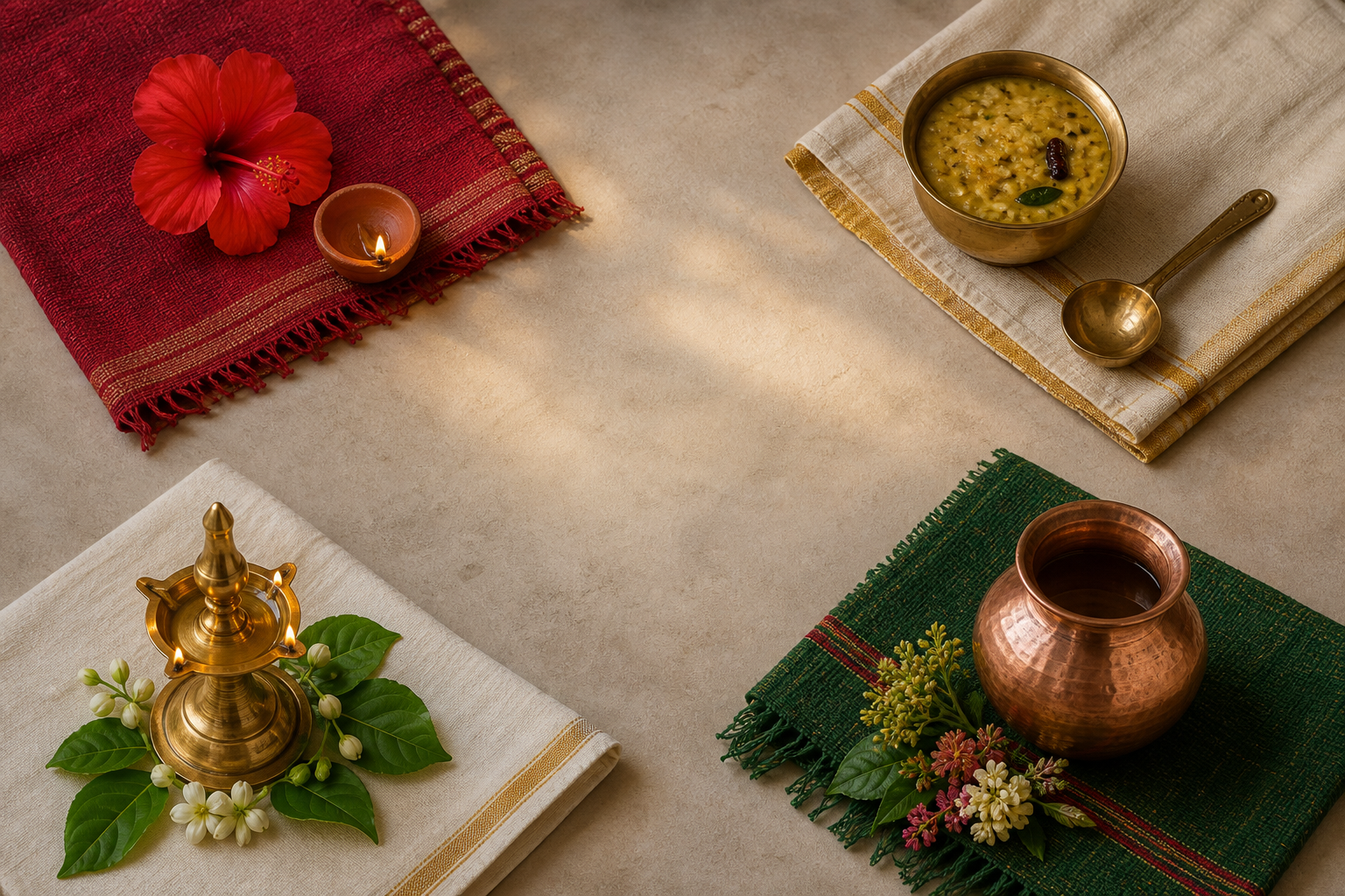 An overhead still life shows separate Bengal, Kashi, and Kerala devotional arrangements connected by overlapping light from three oil lamps.