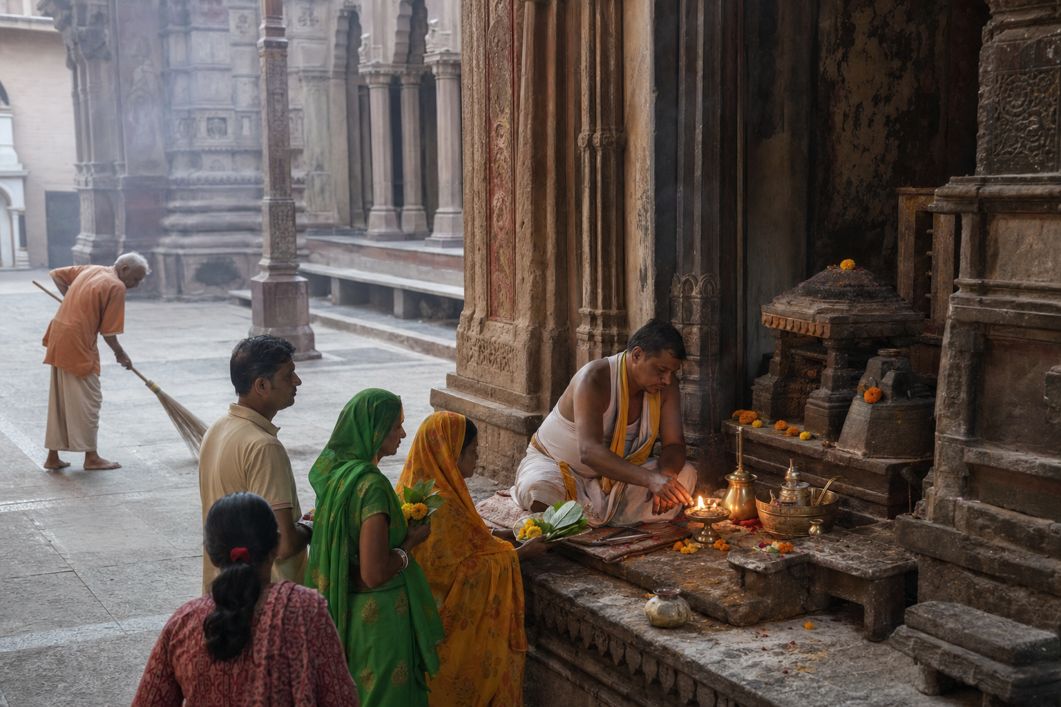 A riverside temple, stone ghat steps, worshippers with copper vessels, and a wooden boat beside the Ganga.