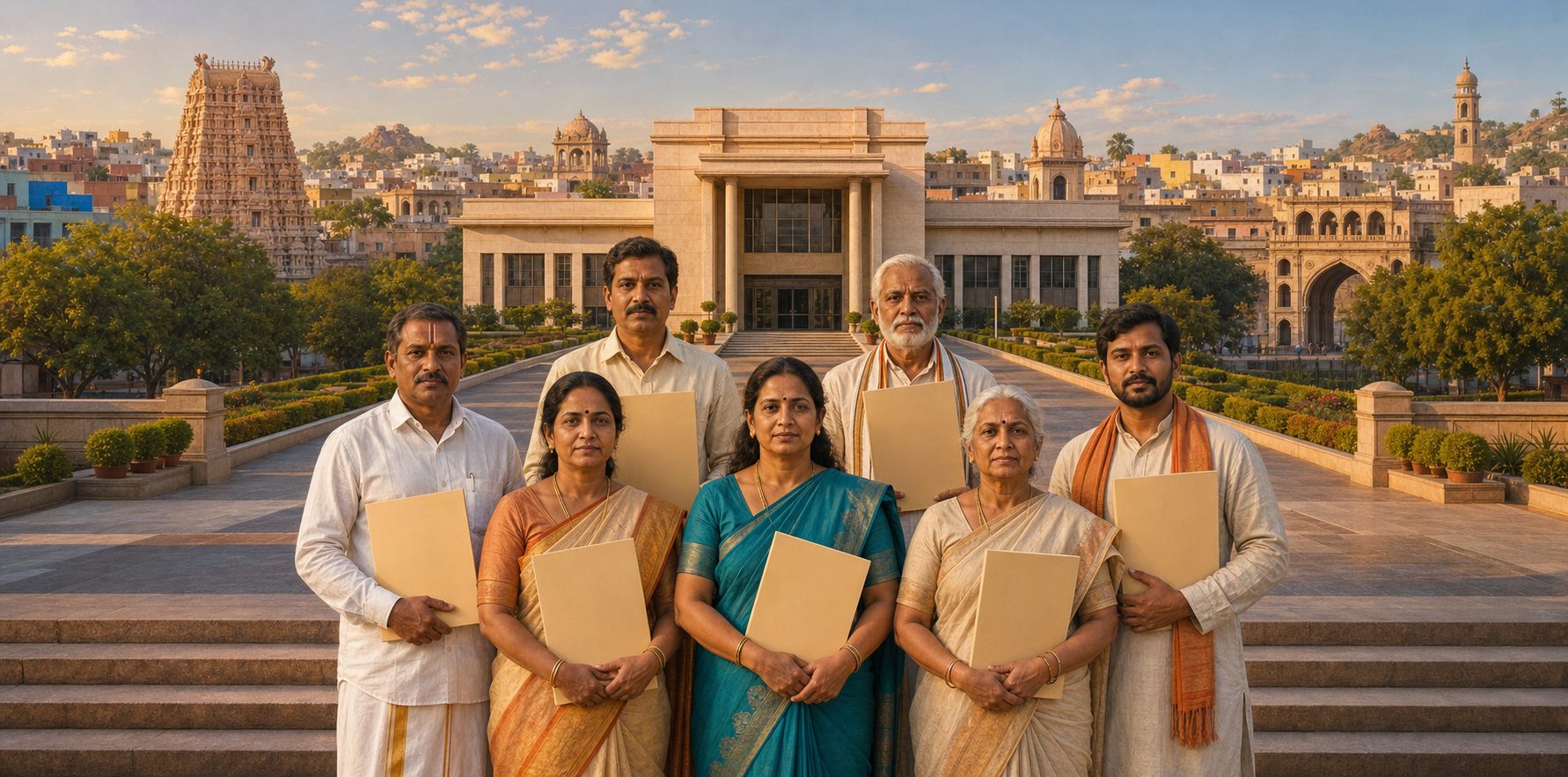 A Hindu temple committee carrying document folders approaches a civic administration building in a balanced Hyderabad cityscape.