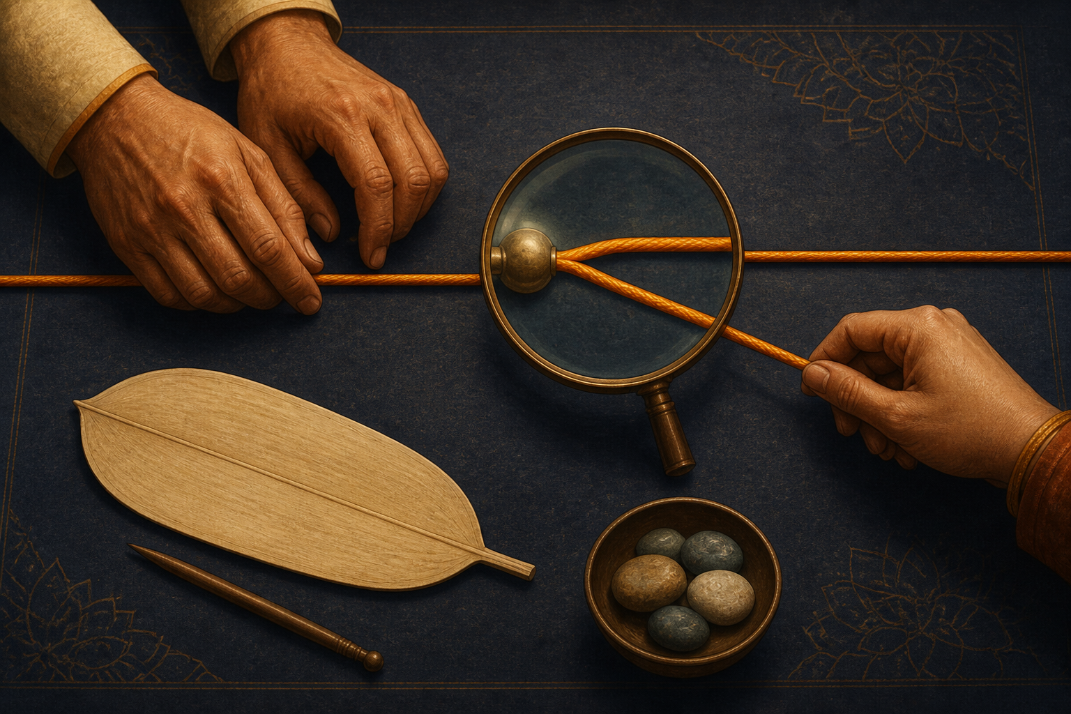 Three connected debate scenes show an ambiguous object, an exaggerated shadow, and a single bead separated from a complete strand.