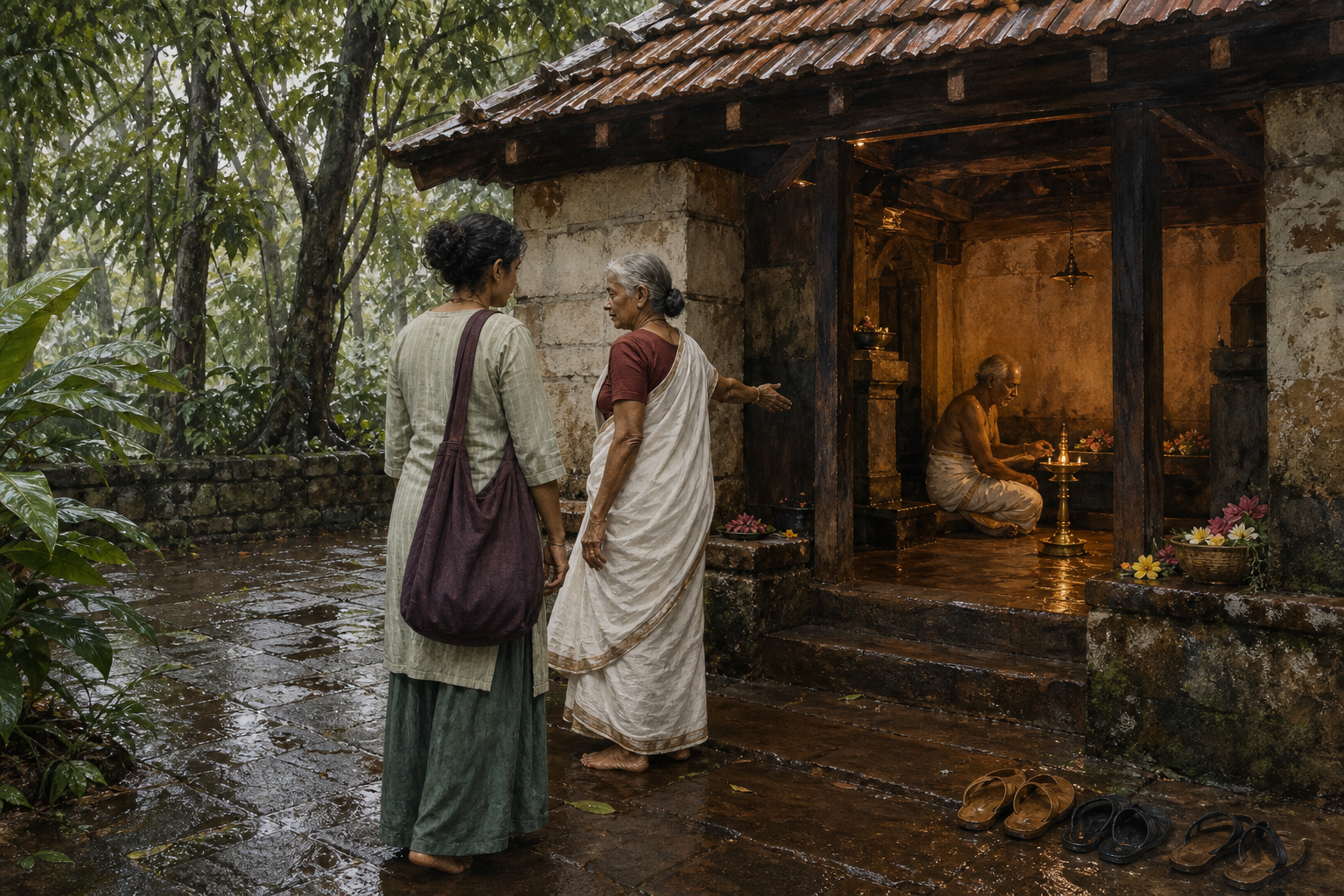 Devotees move from lighting lamps in a shrine courtyard to serving food, filling water vessels, cleaning the space, and preparing care bundles for nearby households.