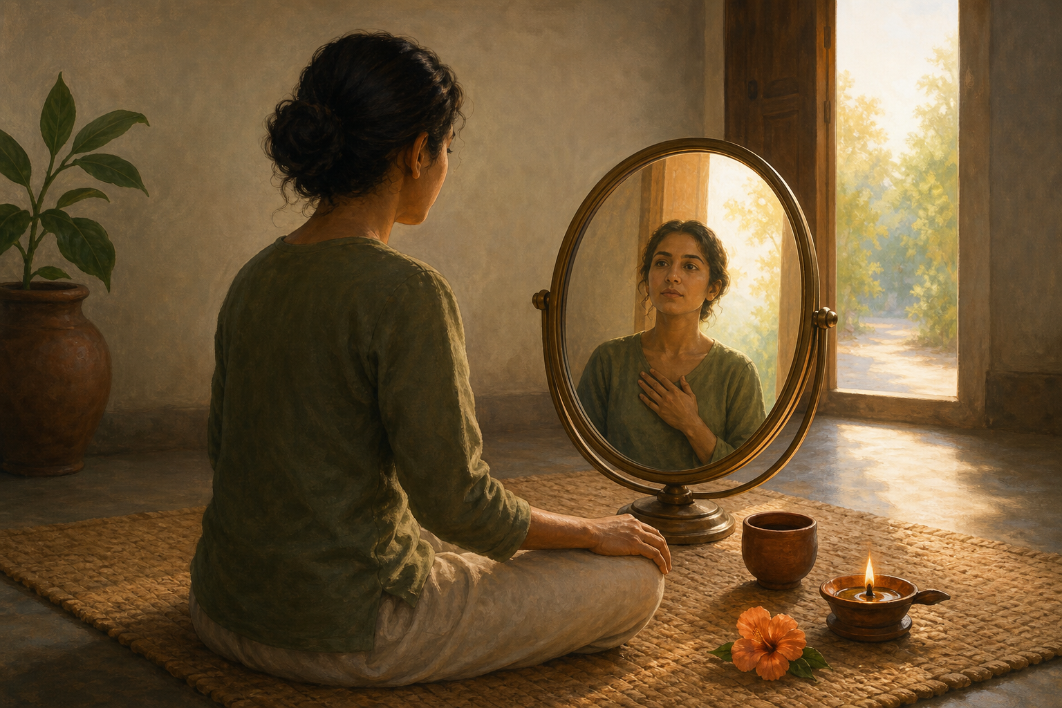 A person seated on a woven mat looks into a bronze mirror with one hand over the heart in a simply furnished room.