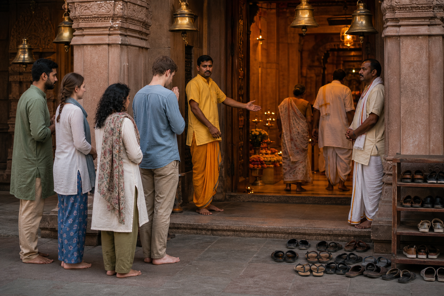Pilgrims and visitors wait respectfully with footwear set aside at the outer entrance of a Varanasi temple.